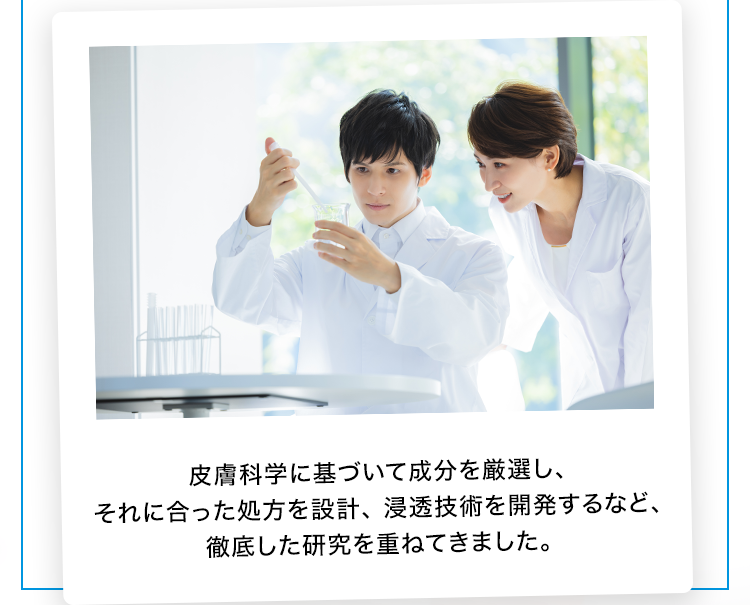 皮膚科学に基づいて成分を厳選し、それに合った処方を設計、浸透技術を開発するなど、徹底した研究を重ねてきました。