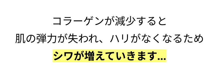 コラーゲンが減少すると
肌の弾力が失われ、ハリがなくなるため
シワが増えていきます…